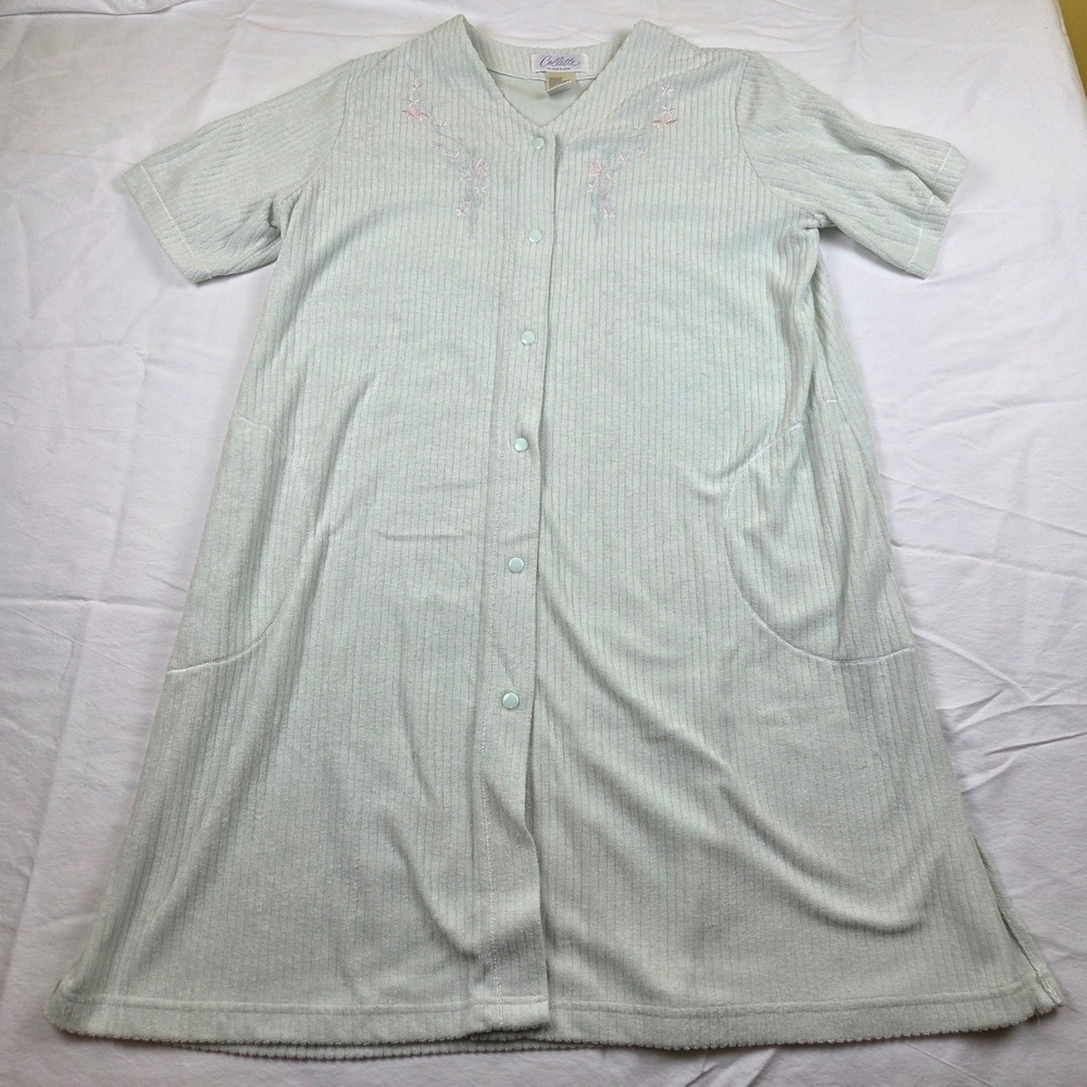 VTG Collette by Miss Elaine Robe L Mint Green Snap Front Embroidered House Coat